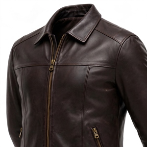 Veste de moto en cuir véritable marron foncé pour homme, col montant, fermeture éclair, coupe ajustée, en cuir souple de qualité supérieure, idéale pour l'hiver - Product Image 5