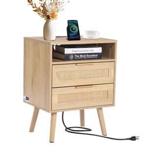 Comodino Boho con Ripiano Aperto e 2 Cassetti, Tavolino in Rattan con Gambe in Legno Massello, Lavorato a Mano - Product Image 3