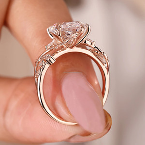 Dutch Marquise Cut Diamond Ring in Rose <b>Gold</b> with Vintage Leaf Design, Engagement Ring, Floral Inspired Fine Jewelry for Women - Product Image 2