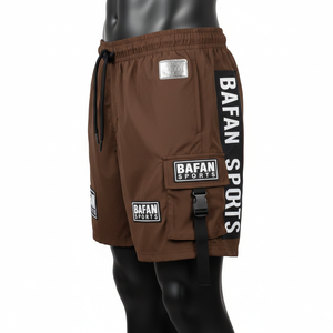 Shorts de bain pour femmes en polyester et élasthanne de haute qualité, couleur café, avec poche cargo, impression sérigraphique et logo brodé. - Product Image 3