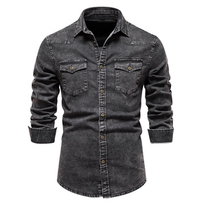 Chemise en jean délavé pour homme de qualité supérieure, manches longues, col rabattu, boutonnée, poches sur le devant, gris foncé – Nouvelle collection, offre spéciale - Product Image 1