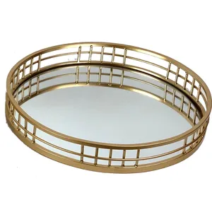 Plateau de service rond miroir avec cadre doré pour verres à champagne et bouteilles, idéal pour les fêtes et la décoration intérieure - Product Image 2