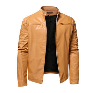 Veste de motard en cuir véritable pour homme, écologique, avec logo sur le devant, col montant, poches zippées, coupe ajustée, style hiver - Product Image 6