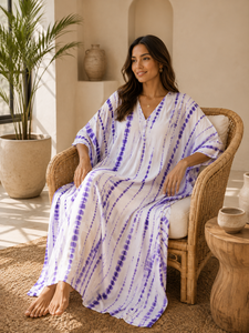 Women Modern Fit Tie Dye Cotton <b>Kaftan</b> Dress All Seasons <b>Beach</b> Cover V-Neck Maxi Robe Casual Sleepwear Bohemian Natural Waist - Product Image 5
