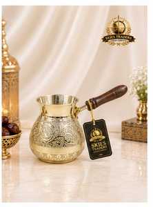 Traditional Brass Turkish <b>Coffee</b> Pot Cezve Briki with Wooden Handle Stovetop Milk <b>Warmer</b> Hot Beverage Maker - Product Image 3