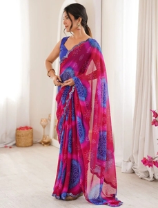 Sari de Georgette KV para Mujer, Estampado Floral, Bordado Bandhani, con Blusa Sin Coser - Product Image 3
