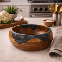 Bol à salade décoratif rond en bois d'acacia fait main avec résine époxy gris brun naturel, idéal pour les fêtes, les festivals et la décoration intérieure