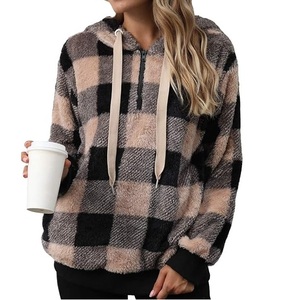 Wholesale Plaid Checked Hoodie Pullover Sharpa Fluffy Hooded Vintage Heavyweight Streetwear 100% Cotton <b>Sherpa</b> <b>Hoodies</b> for Woman - Product Image 6