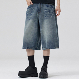 Shorts en jean mi-longs pour hommes, avec fermeture éclair et bouton, coupe ample, style décontracté pour l'extérieur - Product Image 1