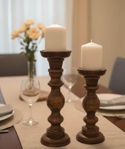 Handcrafted <b>Wooden</b> Pillar Candle Holder Set Rustic Decorative <b>Candlestick</b> Stand for Wedding Home Table Decor - Product Image 5