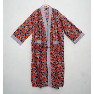 Handmade Boho Style Cotton <b>Kimono</b> Robe for <b>Women</b> Long Floor-Length Bathrobe with Block Print Fabric Natural Waistline Washable - Product Image 3