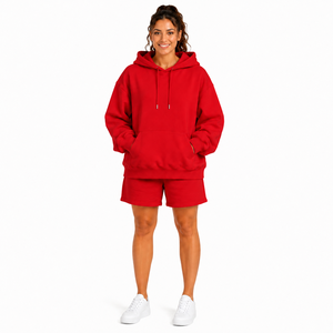 Women's Red Hooded Sweatshirt Shorts <b>Set</b> Cotton Fleece Loose Fit Drawstring Pocket Casual Anti-Shrink Customizable Sports - Product Image 1