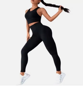 Women's 2 Piece Yoga Set High Waist <b>Leggings</b> Crop Top Sleeveless Racerback Solid <b>Black</b> Spandex Polyester Seamless Full Length - Product Image 2