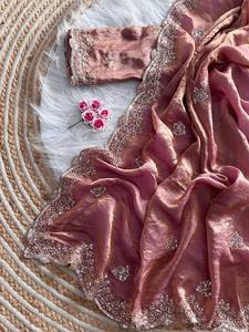 Sari en satin de soie pur et doux avec broderies étonnantes et blouse à multiples bordures brodées pour mariage et fête - Product Image 4