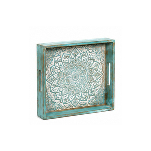 Plateau de rangement en bois bohème rectangulaire, finition vieillie, gravure mandala, utilisation sur table, un seul niveau, organisation des objets divers - Product Image 1