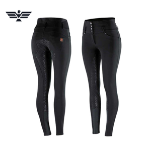 Equiline <b>Women</b> High Waist Full Length Riding Pants with Zipper <b>Fly</b> and Pockets Solid Black Spandex Nylon Material 300g - Product Image 4