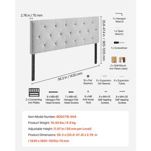 Cabecera de Cama Ajustable en Altura con Diseño de Diamantes, Tamaño Completo, Cómoda, Ancho 56.3 x Altura (35.6-47.4) Pulgadas - Product Image 4