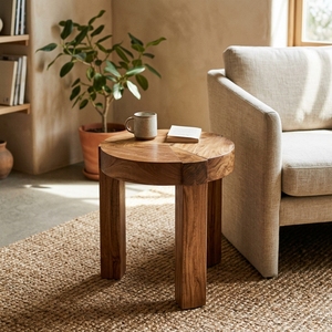 Modern Teak <b>Wood</b> <b>Round</b> <b>Coffee</b> <b>Table</b> Durable & Movable Decorative Living Room Furniture for Bedroom Apartment Use - Product Image 3