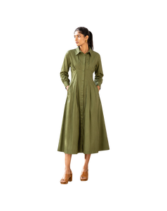 Robe midi sans manches vert olive |   Robe décontractée à col rond en mélange de coton, coupe évasée, avec poches latérales - Product Image 1