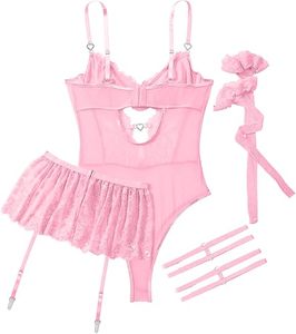 Ensemble sexy de lingerie en tissu tissé uni, body et jupe - Product Image 1
