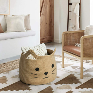 Cute <b>Cat</b> Face Cartoon Printed Cotton Barrel-Shaped Storage Basket with Two Handles Open Top Foldable Waterproof - Product Image 6