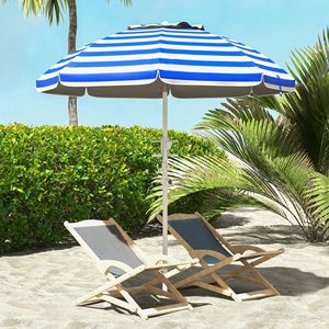 Ombrellone da Spiaggia con Parasole Regolabile, Portabicchieri, Ganci e Volant a Righe Blu e Bianche - Product Image 2