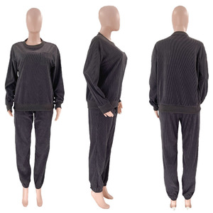 Conjunto Deportivo de Mujer a Rayas, Manga Larga, Cuello Redondo, Corte Holgado, Algodón, Informal, para Otoño - Product Image 1