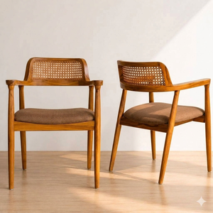 Modern Midcentury Wood Dining <b>Chair</b> with <b>Cane</b> Backrest Upholstered Linen Seat for Home Furniture - Product Image 2
