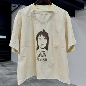 เสื้อยืดคอกลมทรงบ็อกซี่ แขนสั้น ผ้าฝ้ายวินเทจฟอกสี ย้อมสีแบบแอซิดวอช แต่งขอบดิบ ขาดๆ แบบดิสเทรส สำหรับผู้ชาย ขายดี - Product Image 5