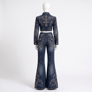 <b>Womens</b> Dark Blue Embroidered Denim Two Piece Set Cropped Jacket Flare <b>Jeans</b> <b>Vintage</b> Luxury Streetwear Wholesale Fashion - Product Image 4