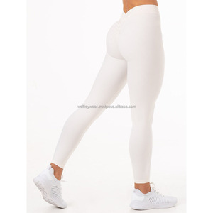 Mallas ajustadas en V NKD marfil con logotipo personalizado, cintura alta plegable con espalda en forma de V y ropa activa, mallas de gimnasio a la moda para mujer - Product Image 6