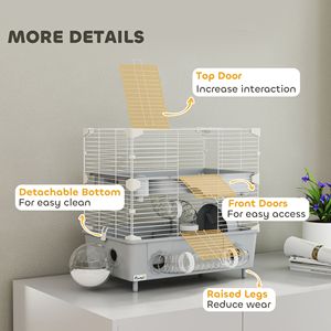Gabbia a 2 livelli per criceti nani con bagno in sabbia, ruota per esercizio e tubi per borraccia per criceti grigi - Accessori di qualità per animali domestici - Product Image 5