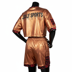 Ensemble court en molleton polyester-spandex pour femme, couleur cuivre métallisé, avec panneaux à motifs et logo personnalisé, 100 % coton (haut court et short) - Product Image 5