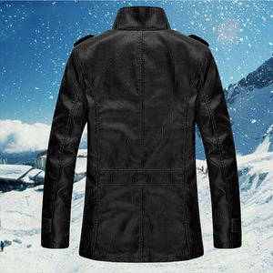 Chaqueta de Cuero PU para Hombre, Cuello Alto, Forro de Piel Sintética, Resistente al Viento, Estilo Motero, Invierno, Gruesa, Largo Regular, Color Sólido - Product Image 4