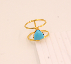 Anillo de Plata de Ley 925 con Turquesa Natural, Engaste Clásico en Bisel, Chapado en Oro de 18k, Gema Triangular, Doble Banda, para Mujer - Product Image 2