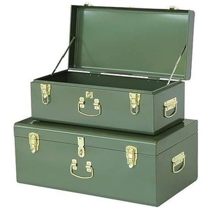 Elegant Olive Green <b>Metal</b> <b>Storage</b> Trunk Set of 2 Stackable <b>Boxes</b> with Brass Hardware Eco Friendly Box - Product Image 2