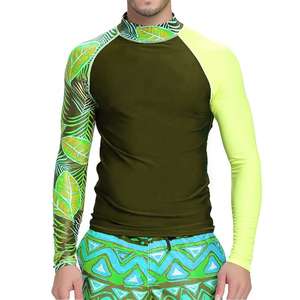 Maillot de bain Rash Guard pour homme à manches longues, design asymétrique, imprimé feuilles tropicales et motifs géométriques, performance athlétique, entraînement, gym, natation - Product Image 2
