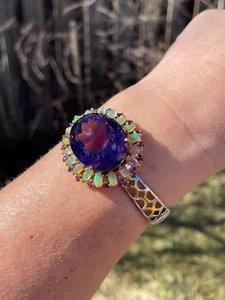 Natural Purple Amethyst Opal Rhodolite <b>Bangle</b> 925 Sterling <b>Silver</b> Gold / Fine Art Cocktail Cuff <b>Bracelet</b> - Product Image 5