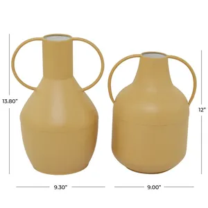 Minimalist Metal Tabletop <b>Vase</b> With Handle <b>Mustard</b> Yellow 13.80 In And 12 In Height For Modern Home Decor - Product Image 1