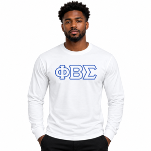 Phi Beta Sigma <b>White</b> <b>Long</b> <b>Sleeve</b> Tee <b>Shirt</b> with Blue Outline Greek Letter Design O Neck Ribbed Cuffs Unisex Greek Fraternity - Product Image 1