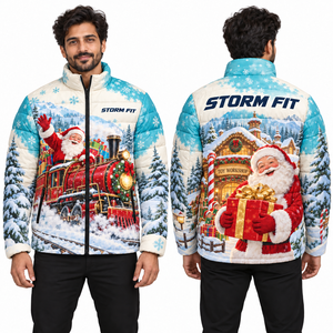 Chaqueta acolchada de invierno para hombre con estampado de sublimación de Papá Noel en trineo, cortavientos, con cierre y cuello alto. - Product Image 5