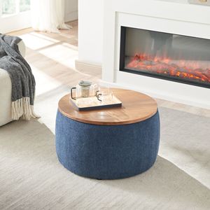 2 in 1 Navy Round <b>Storage</b> Ottoman Dual Function <b>Stool</b> and End Table - Product Image 1