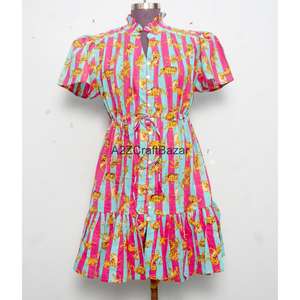 Vestido Mini de Algodón 100% Puro para Mujer, Estampado Floral Indio Hecho a Mano, Lavable, Ecológico, Cuello en V, Manga Corta, Corte en A, para Fiestas - Product Image 2