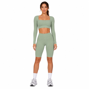 Women Square Neck Crop Top Knee Length Leggings <b>Two</b> <b>Piece</b> <b>Set</b> Yoga Wear Compression 2 <b>Piece</b> High Waist Legging long Sleeve Top - Product Image 2