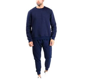 Ensemble de survêtement en coton bleu marine pour homme, col rond, manches longues, couleur unie, style décontracté, coupe régulière, taille élastique - Product Image 1