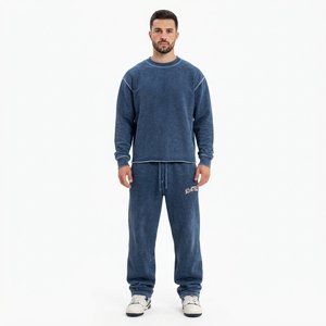 Men Blue Washed Crewneck Sweatshirt <b>Jogger</b> Pants <b>Set</b> Casual Streetwear <b>Matching</b> Clothes Custom Logo - Product Image 1