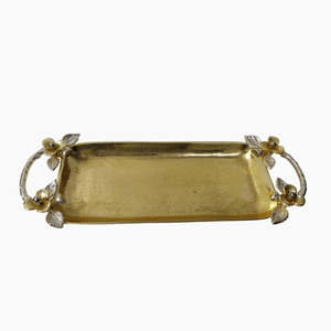 Plateau décoratif rond en aluminium de qualité supérieure avec poignée florale dorée, plateau de service texturé martelé argenté pour décoration de mariage - Product Image 4