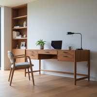 Escritorio de Computadora Addison de Madera de Teca Sólida con Estructura y Cajones, Tamaño Personalizable, Color Natural, Diseño Moderno