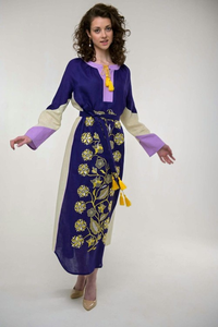 Women <b>Boho</b> Cotton Embroidered Maxi <b>Dress</b> Purple Floral Long Sleeve Tie Waist Ethnic Kaftan Loose Fit <b>Summer</b> <b>Dress</b> - Product Image 3