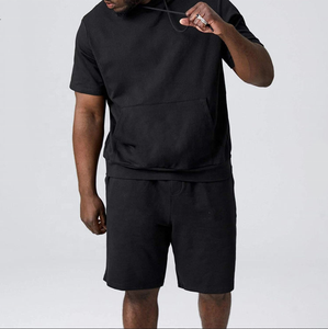 Conjunto deportivo negro con capucha para hombre, camiseta de manga corta y pantalones cortos, conjunto de dos piezas para verano, conjunto de sudadera con capucha negra de manga corta para hombre - Product Image 6